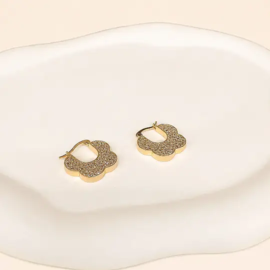 Taşlı Gold Çiçek Küpe - 3