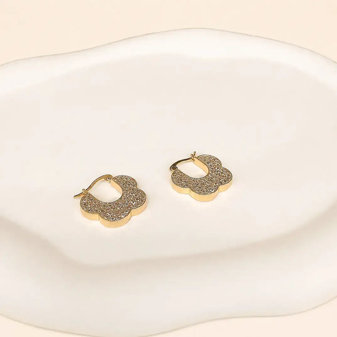 Taşlı Gold Çiçek Küpe - 3